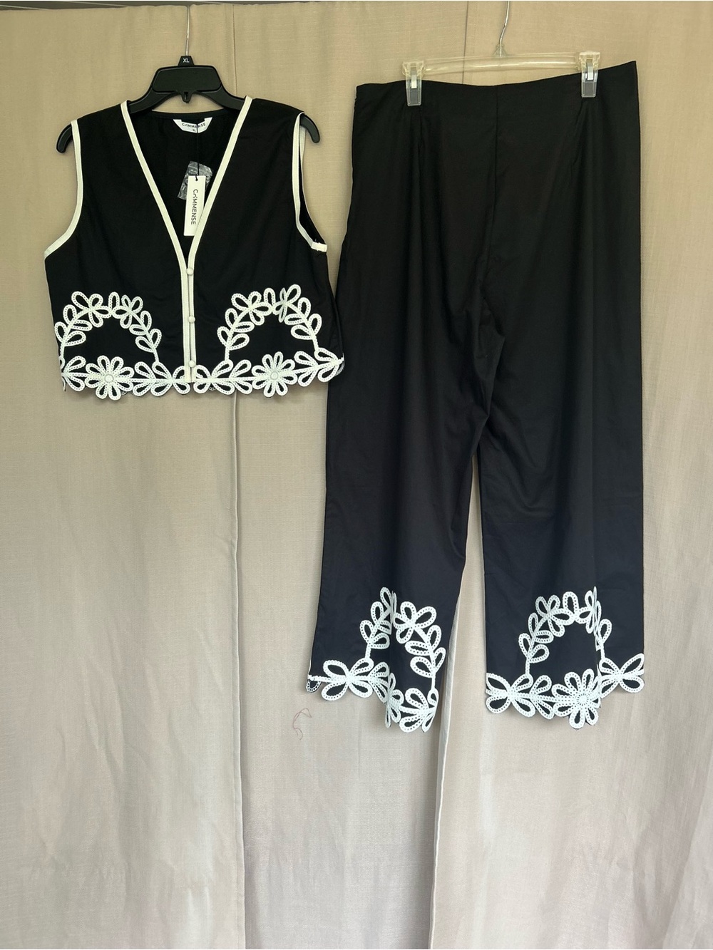 Commense Casual Embroidery Sleeveless Zipper Pants Set
